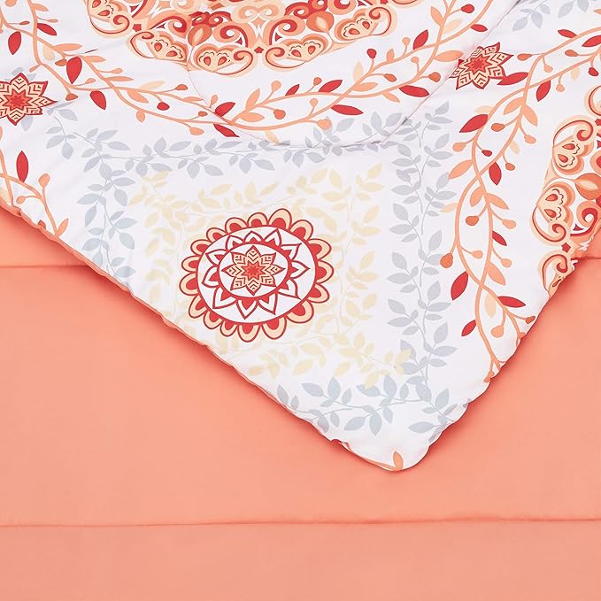 Amazon Basics Twin/Twin XL Comforter Set with Printed Sheets, 5-Piece Coral Medallion Bedding, Lightweight Microfiber Bed-in-a-Bag