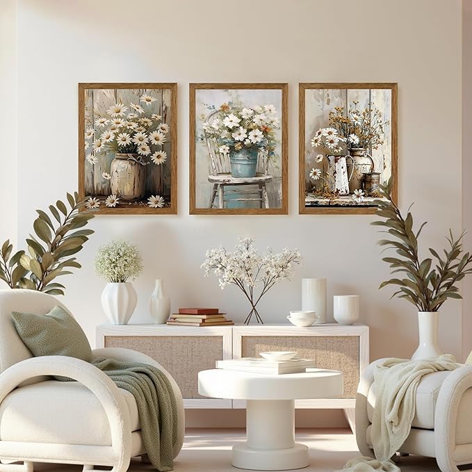 DUWQU 3 Piece Framed Elegant Farmhouse Canvas Wall Art, Vintage Floral Pictures Art Wall Decor, Nature Themed Daisy Art Prints for Living Room Bedroom Kitchen and Office Ready to Hang 16×24 Inches