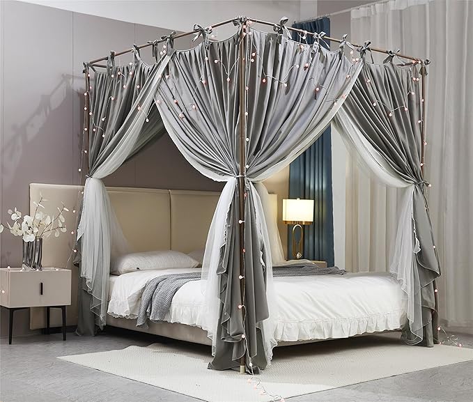 4 Corners Post Princess Curtain Bed Canopy Double Layer Cozy Mosquito Net Mesh and Cloth for Girls Adults Bedroom Decoration (Double-Grey/White, 64" W*82" L*82"*H/(Queen))