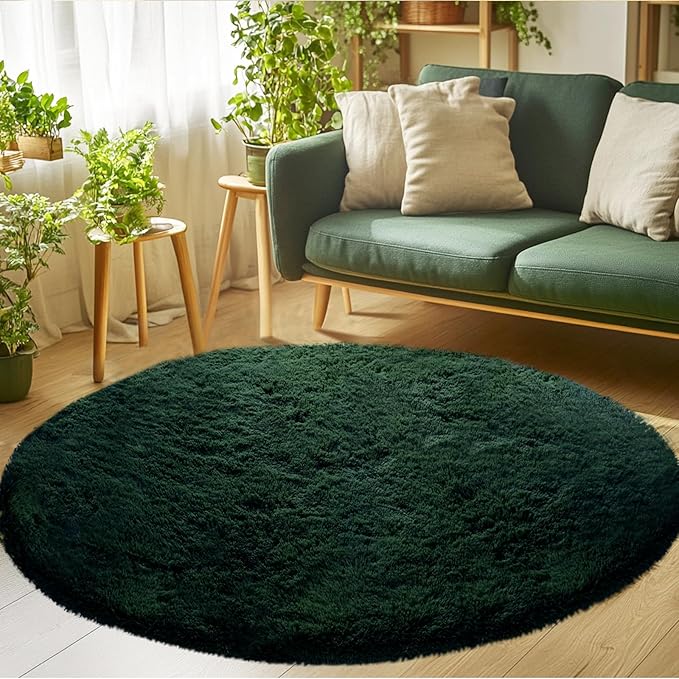 CAIYUECS Dark Green Round Rug for Bedroom: 4x4Feet Soft and Fluffy Area Rug for Living Room- Circle Fuzzy Bedroom Rug- Oval Furry Plush Rug for Kids Room, Nursery (4ft, Dark Green)