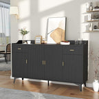 Sideboard Buffet Cabinet with Drawers: 63" Black Fluted Sideboard Cabinet with 2 Drawers and 4 Doors, Modern Wood Credenza Storage Cabinet, Large Accent Cabinets for Living Room (63")