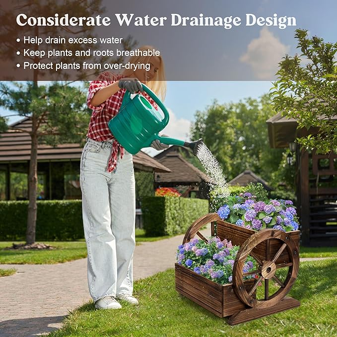 Wooden Wagon Planter Box, Garden Planter with Wheels,Decorative Planter for Flowers Herbs Vegetables for Indoor & Outdoor Décor, Flower Cart for Patio Garden Balcony