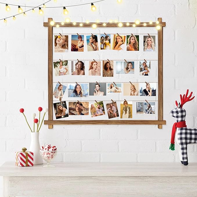 Collage Picture Frame,Photo Display Board,Hanging Pictures Frames with Clips for Graduation Birthday Party,Dorm Photo Card Wall Decor Hanger Holder,Upgraded,Easy To Assemble,Large(Carbonized Brown)