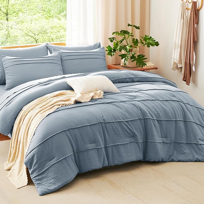 CozyLux King Size Comforter Set Grayish Blue, 7 Pieces Soft Pinch Pleat Bed in a Bag King Comforter Set with Sheets, Boho Bed Set with Down Alternative Comforter, Sheets, Pillowcases & Shams