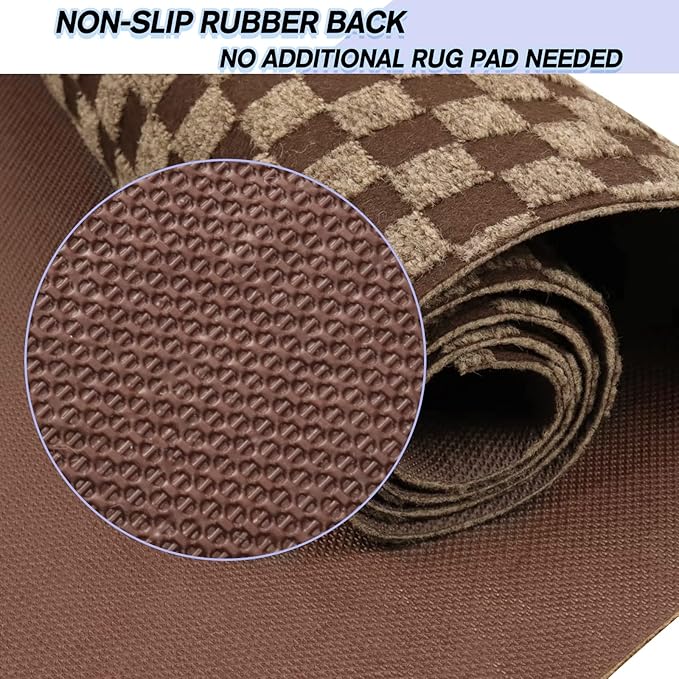 Custom Size Backed Non-Slip Area Rugs Runner, Easy Clean, Waterproof Runner Rugs for Hallway Entryway, Kitchen, Laundry, 4FT x 47FT, Brown Checkered