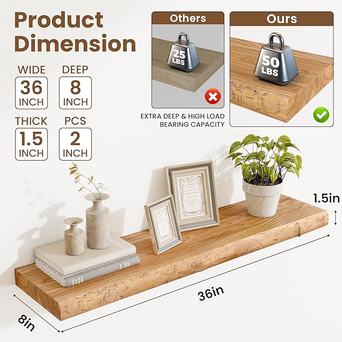 Floating Shelves, 8" Deep Rustic Solid Wood Wall Mounted Floating Shelves, Wall Shelves with Invisible Bracket for Living Room Bathroom Bedroom Kitchen, 36 Inch Set of 2, Natural