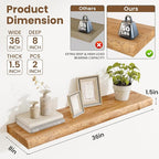 Floating Shelves, 8" Deep Rustic Solid Wood Wall Mounted Floating Shelves, Wall Shelves with Invisible Bracket for Living Room Bathroom Bedroom Kitchen, 36 Inch Set of 2, Natural