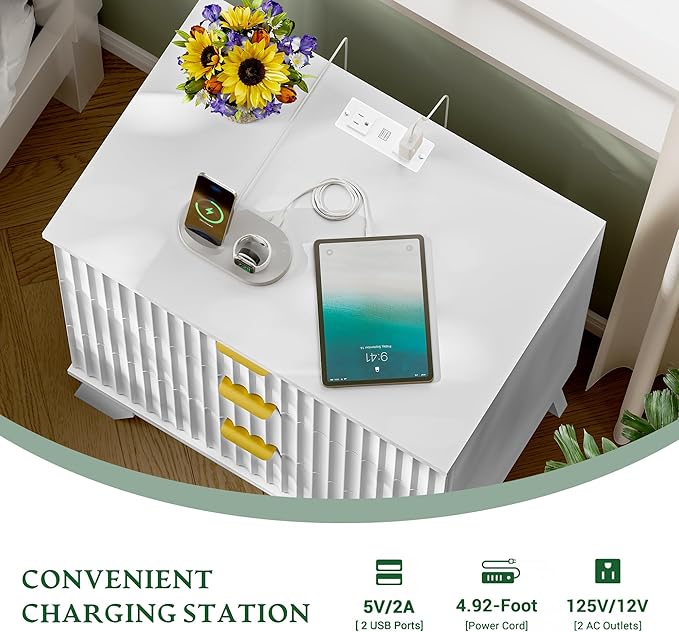 Fluted Nightstand with Charging Station, 24" Wide Bedside Table with 3 Large Storage Drawers, Modern Wood Side Table Night Stand, End Table Small Dresser for Bedroom, Living Room, Dorm, White