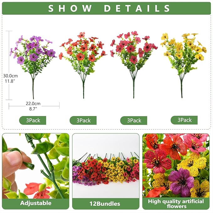 INQCMY Artificial Flowers for Outdoors Faux Plants Fake Flowers Spring Summer Decoration,12 Bundles Faux Silk Colorful Daisy Realistic UV Resistant for Outside Home Planter Window Porch Patio Yard