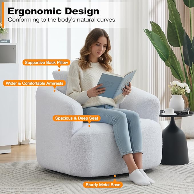 Luxlen Swivel Accent Chair with Pillow for Living Room, Teddy Fleece Upholstered Single Sofa, 360° Rotating Barrel Chair with Metal Base for Bedroom, Office, Apartment - White