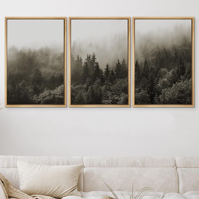 SIGNWIN Framed Canvas Print Wall Art Woodland Nursery Decor Set Fog & Mist Over Blue Pine Tree Forest Nature Modern Art Rustic Landscape Colorful for Living Room, Bedroom, Office - 16"x24"x3 Natural