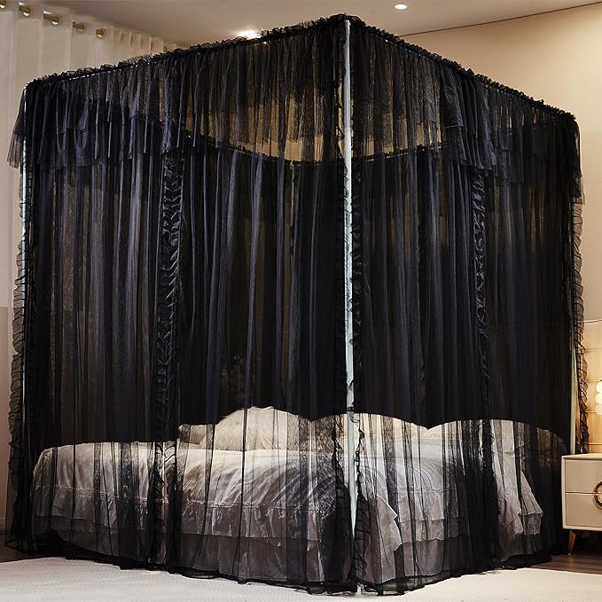 4 Corners Post Princess Curtains Bed Canopy for Girls 8 Panels Curtain- Double Layer Sheer Mesh Canopies Drapes Girls Room Decor (8P-Black/Black, 4P(43"x82") W+4P(43"x82") L/(King))
