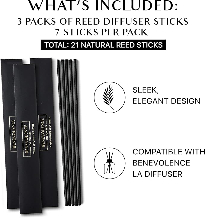 Benevolence LA Reed Diffuser Sticks - 3 Pack of 7 Natural Rattan Sticks per Pouch – Home Fragrance Refill, Eco-Friendly Reed Replacement for Essential Oil Diffusers