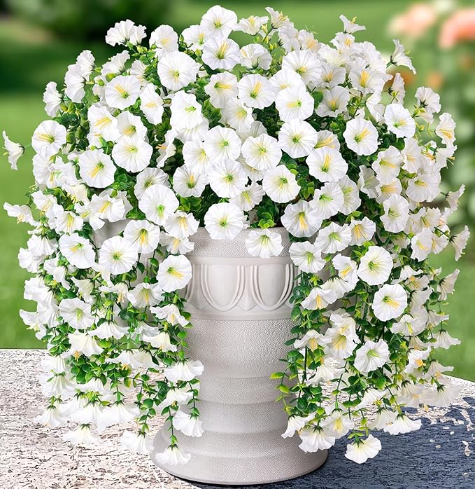 Artificial Faux Hanging Flowers Plants for Outdoor Decor,2 PCS Fake Silk Morning Glory with Eucalyptus UV Resistant Realistic Trailing Vines for Wall Home Porch Patio Balcony Yard Indoor Decor,White