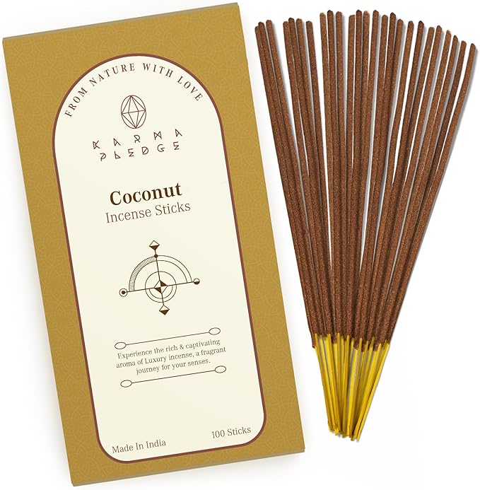 Coconut Incense Sticks, Organic Hand Dipped 100 Sticks with Natural Herbs & Aromatic Ingredients, Burn Time 45 to 60 Minutes, Incense for Positivity, Yoga, Meditation, Relaxation, Spiritual Gift