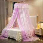 VETHIN Princess Bed Canopy for Girls,Bed Canopy Curtain- Double Layer Sheer Mesh Dome Bed Curtain- Round Lace Princess Mosquito Net Tent with led Stars String Lights(Purple/White)