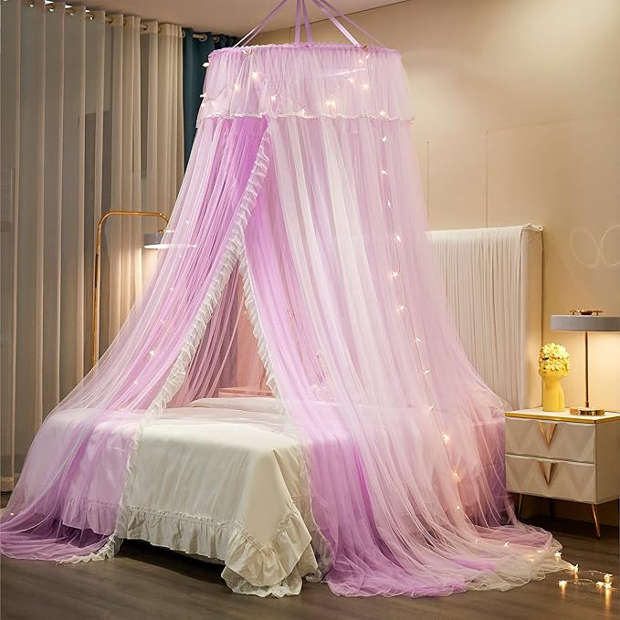 VETHIN Princess Bed Canopy for Girls,Bed Canopy Curtain- Double Layer Sheer Mesh Dome Bed Curtain- Round Lace Princess Mosquito Net Tent with led Stars String Lights(Purple/White)
