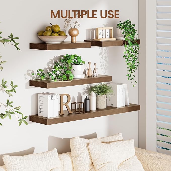 Heimlove 24 inch Floating Shelves for Wall,2 Packs Natural Pine Solid Wood Bathroom Shelf Over Toilet Decor and Storage 8 inches Deep for Kitchen Bedroom Office & Living Room Display Wall Decor