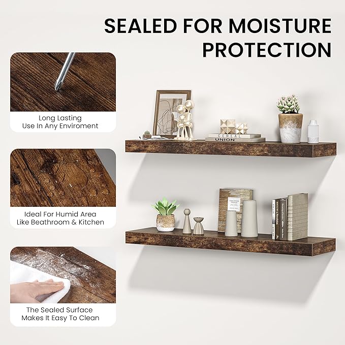 Floating Shelves for Wall, 48"W x 9.3"D x 1.5"H, Wooden Wall Mounted Display Shelf with Invisible Brackets for Living Room, Bedroom, Bathroom, Kitchen Decor and Storage, Set of 1, Rustic Brown