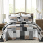 Y-PLWOMEN Quilts Queen Size - 3 Piece Cotton Quilt Set, Lightweight Bedspreads, Farmhouse Plaid, Reversible, All Season, Grey, Black, Brown, White