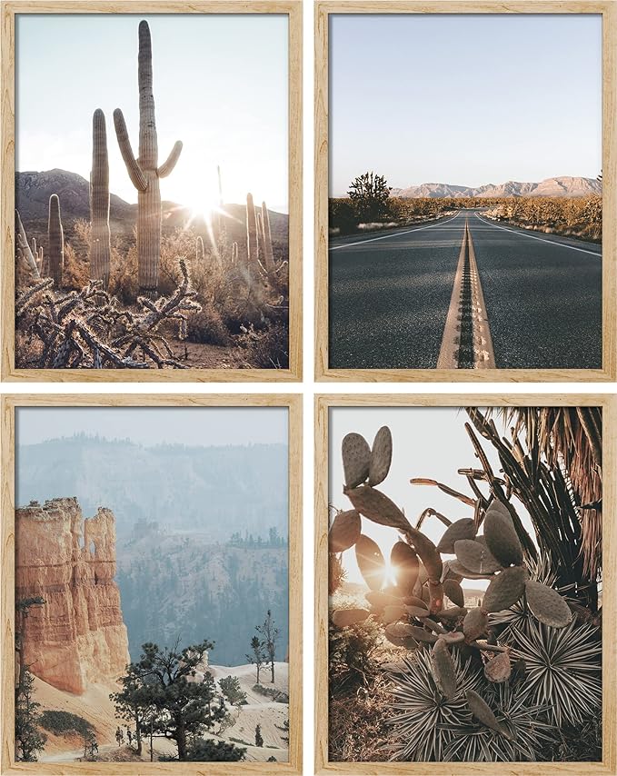 SIGNWIN Framed Cactus Desert Landscape Wall Art, Set of 4 Southwest Texas Arizona Saguaro Wall Decor Prints, Nature Wilderness Wall Décor for Living Room, Bedroom - 12"x16" Natural