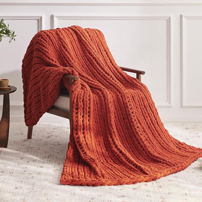 Chunky Knit Throw Blanket, 30''*40'' Knitted Throw Chenille Yarn for Bed Couch, Handmade Orange Crochet Big Thick Blanket, Machine Washable Cute Comfy Blanket for Home Decor