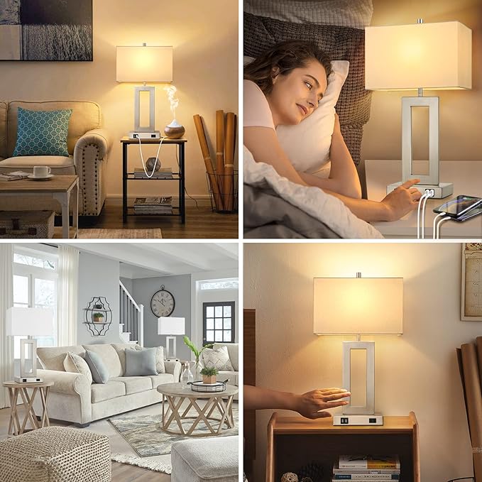22'' Tall Table Lamps for Bedroom Set of 2, Silver Bedside Touch Control Lamp with 2 USB Ports&AC Outlet, Modern Living Room Table Lamp for Nightstand End Table, 3-Way Dimming with 2 E26 Edison Bulbs