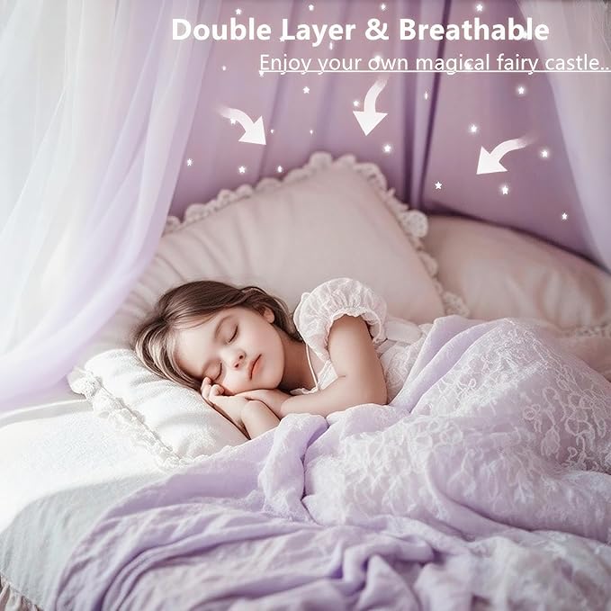 Eimilaly Princess Bed Canopy for Girls, Double Layer Canopy with Cutout Stars, Breathable Dream Canopy & Washable Purple Fabric, Fits Twin/Full Bed - Fairy Bed Tent for Kids Room Decor, Purple