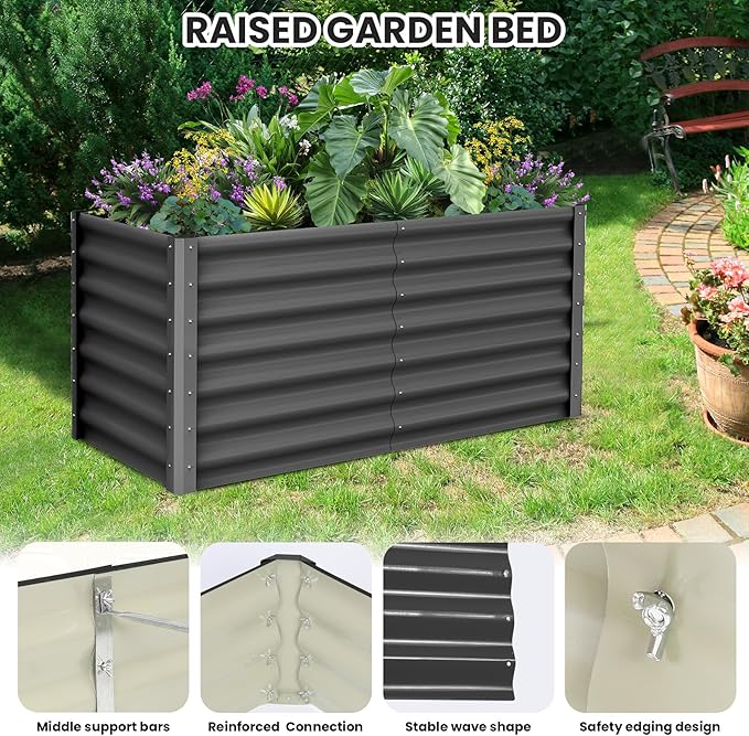 Galvanized Raised Garden Bed Outdoor, 2 Pcs 6x3x2FT Outdoor Large Planter Raised Beds Open Base with Safety Edge and Glove for Vegetables Flowers Ground Planter, Dark Gray