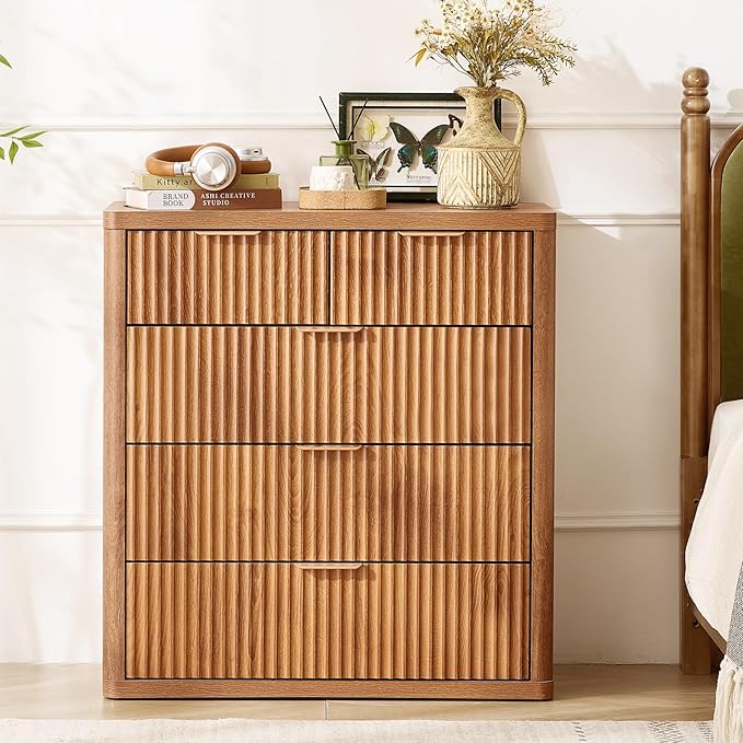 LEYAOYAO Fluted 5 Drawers Dresser for Bedroom, 34" Tall Modern Chest of Drawers with Metal Handle, Curved Profile Design,Brown Wood Drawer Organizer for Bedroom, Living Room, Hallway, Entryway