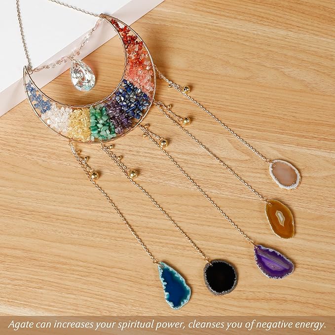 Agate Gemstone Dream Catcher 7 Chakra Tree of Life Dream Catcher with Rainbow Crystal Stones Handmade Dreamcatcher Wall Decor for Adults Boys Girls,Bedroom,Wedding,Garden,Bless Gift(Inverted Moon)