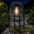 Solar Mesh Lantern Outdoor – 13.8" Tall Black Metal Patio Light with Edison Glass Bulb, Solar Powered Warm Glow LED, Waterproof IP65 for Garden, Porch, Deck, Tabletop Decor