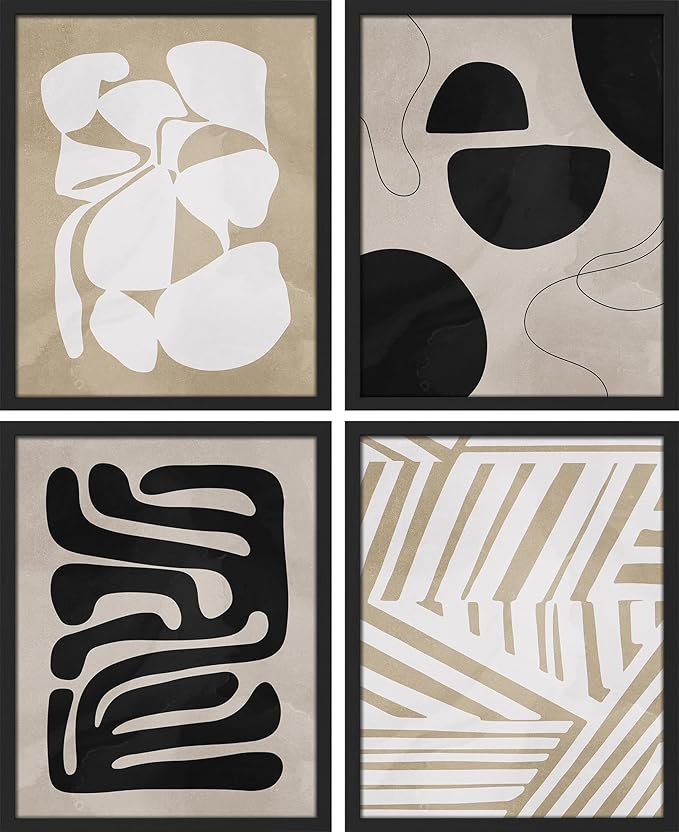 SIGNWIN Framed Tropical Mid-Century Wall Art, Set of 4 Modern Hawaiian Geometric Print Wall Decor Prints, Nature Wilderness Wall Décor for Living Room, Bedroom - 11"x14"Black