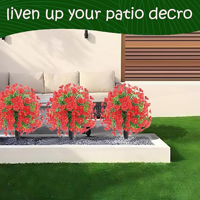 22.8" Set of 2 Fall artificial Boxwood topiary Ball tree for outdoors with Spike,UV Resistant Faux Shrubs Outdoor with morning glory flowers,Faux Plants Bushes for Garden Porch Yard Patio Decor(Red)