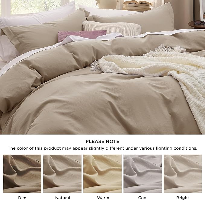 Bedsure Deep Beige Duvet Cover Queen Size - 3 Pieces Prewashed Cotton-Like Extra Soft Bedding Set, Includes 1 Duvet Cover 90x90 Inches with Zipper Closure & 2 Pillow Shams, Comforter Not Included
