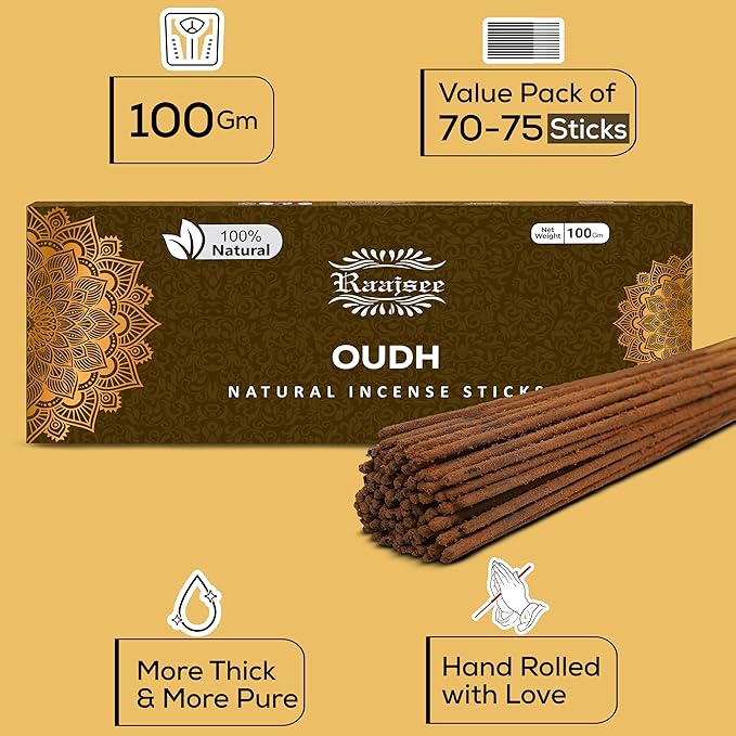 Pure Oud Agarwood Incense Sticks, 100%-Natural Charcoal Free Organic Non Toxic Clean Burning Handmade Insence Sticks 100 gm Pack, Raajsee Meditation Gifts – Spritual Cleansing