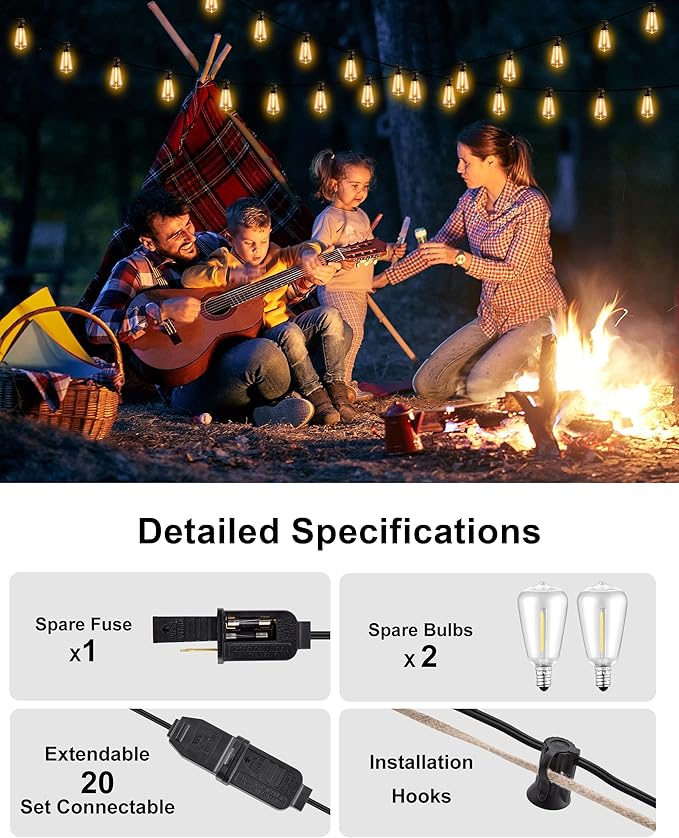 Outdoor String Lights - 50FT LED Patio Lights with 27 Shatterproof Waterproof Bulbs, Connectable Dimmable Edison IP65 ST38 Outside Lights for Garden, Balcony, Porch, Backyard, Deck, Home Decor