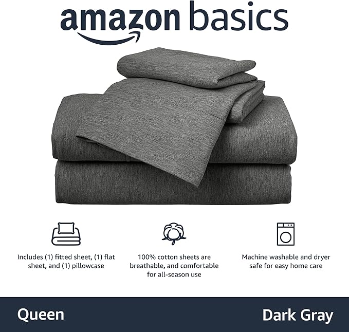 Amazon Basics 4 Piece Bed Sheet Set, 100% Cotton Jersey, Includes Super Soft, Flat and Fitted Sheets, Pillowcase, Queen, Dark Gray, Solid
