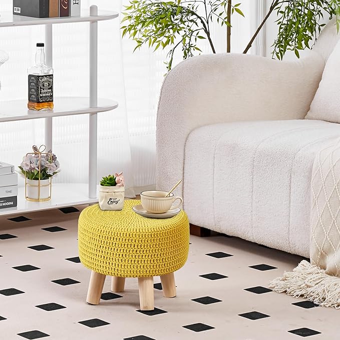 Wimarsbon Small Ottomans, 100% Hand Knitted Pouf, Round Footrest with 4 Non-Skid Wood Legs, Boho Décor Cotton Rope Pouffe Beside Sofa, Leisure Floor Step Chair for Living Room (Yellow)