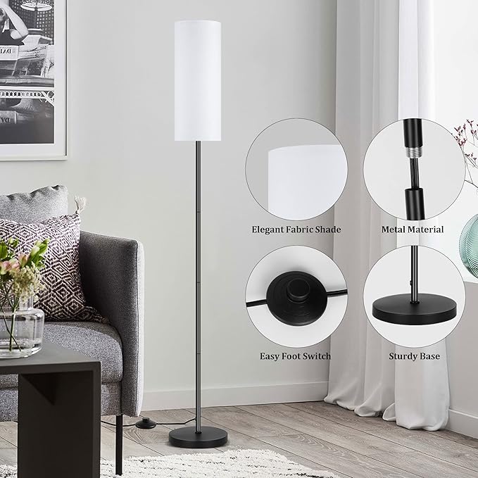 PARTPHONER Modern Standing Lamp with Lampshade, Minimalist Tall Lamp with Foot Switch for Living, Bedroom, Kids Room, Office