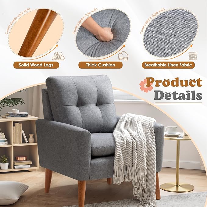 JUMMICO Mid Century Accent Chair, Fabric Modern Reading Living Room Chair, Fluffy Comfy Armchair Small Sofa Chair with Wood Legs for Bedroom Office Cafe, Set of 2 (Grey)