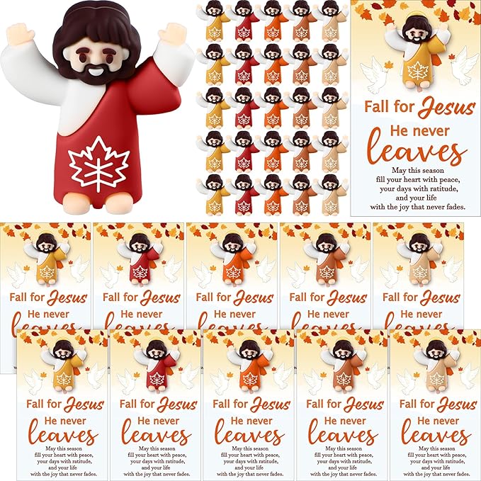 25 Pcs Thanksgiving Fall Jesus Figures Bulk 25 Fall for Jesus He Never Leaves Cards Little Maple Leave Figurines Greeting Cards Mini Pocket Figures for Religious Party Favors Gifts