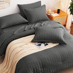 CozyLux Queen Comforter Set Dark Grey Seersucker 7 Pieces Bed in a Bag Queen Comforter Set with Sheets, Luxury Soft Bedding Set with Down Alternative Comforter, Sheets, Pillowcases & Shams All Seasons