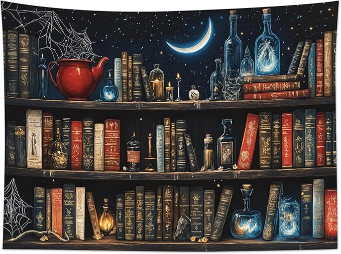 LB Fantasy Bookshelf Tapestry, Horror Spider and Vintage Book with Moon Wall Tapestry for Bedroom Aesthetic, Trippy Galaxy Wall Art for Living Room Dorm Home Decor Ready to Hanging, 48 x 36 Inches