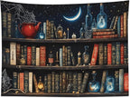 LB Fantasy Bookshelf Tapestry, Horror Spider and Vintage Book with Moon Wall Tapestry for Bedroom Aesthetic, Trippy Galaxy Wall Art for Living Room Dorm Home Decor Ready to Hanging, 80 x 60 Inches