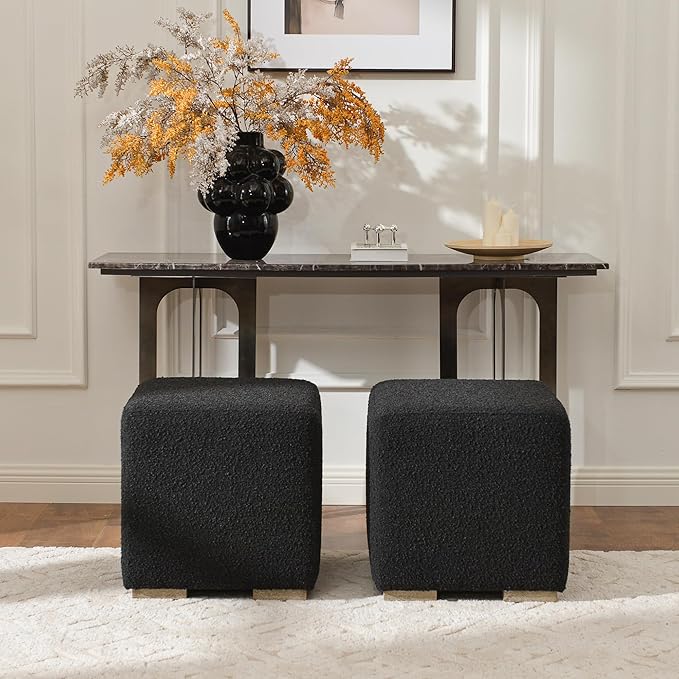 KINWELL 18.5" Wide Modern Square Boucle Upholstered Ottoman with Solid Wood Legs Set of 2, Cube Ottoman Multi-Functional Sofa Footrest, Extra Seating for Living Room, Bedroom, Fully Assembled (Black)