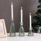 Vertical Stripe Candlestick Holders Set of 3, Premium Glass Candle Holders for Candlesticks and Taper Candles, Vintage Candle Holder Decor for Table Centerpiece, Green