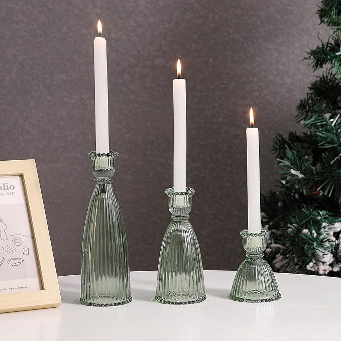Vertical Stripe Candlestick Holders Set of 3, Premium Glass Candle Holders for Candlesticks and Taper Candles, Vintage Candle Holder Decor for Table Centerpiece, Green