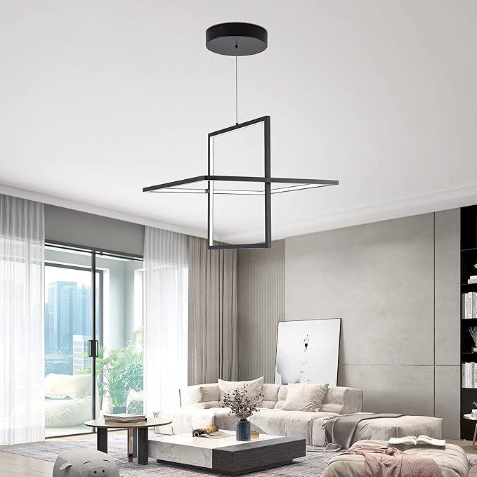 Modern LED Chandelier - Square Pendant Light, Contemporary Style, Dimmable for Living, Dining, Bedroom, Kitchen, Study Room - 65W, 6000K Cool Light (Black)