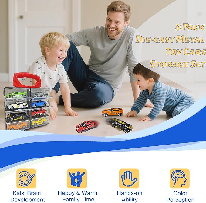 KIDAMI 8 Pack Die Cast Metal Toy Cars, 1:64 Scale Model Race Cars with Storage Case, Pull Back Vehicles Set for Kids Toddlers Adults Gift